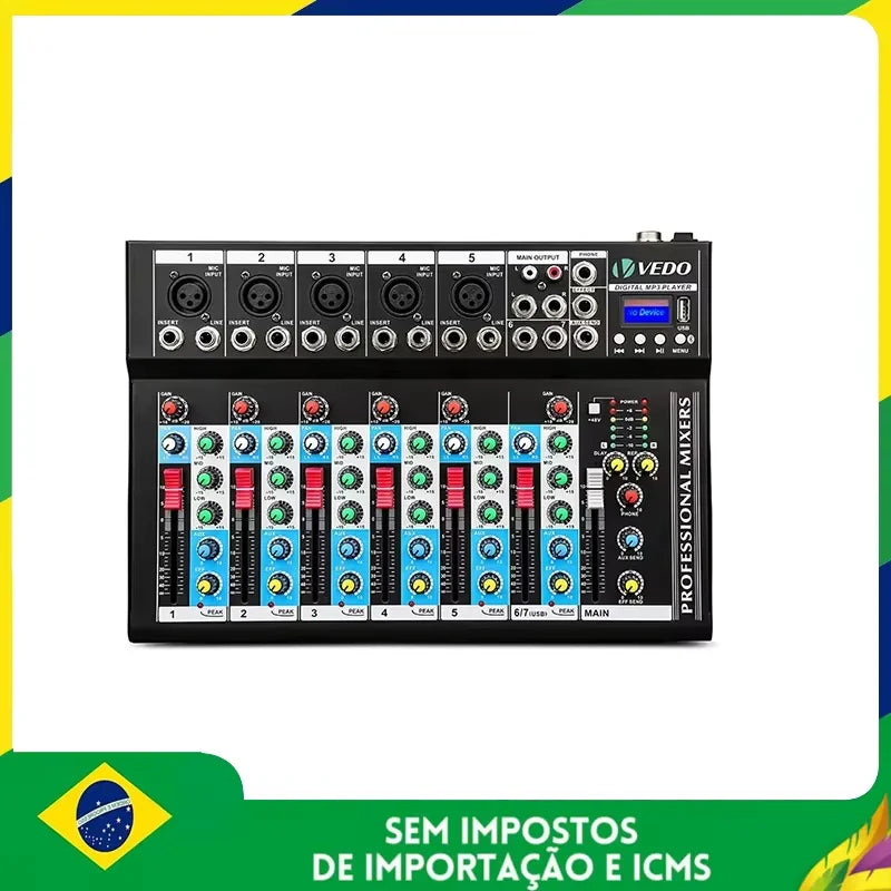 VEDO 7 Channel Professional Portable Mixer Sound Mixing Console Play Record Computer Playback Mini Audio Mixer Broadcast Podcast