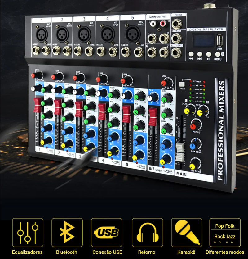 VEDO 7 Channel Professional Portable Mixer Sound Mixing Console Play Record Computer Playback Mini Audio Mixer Broadcast Podcast