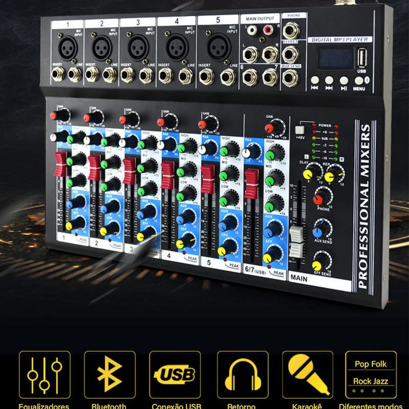 VEDO 7 Channel Professional Portable Mixer Sound Mixing Console Play Record Computer Playback Mini Audio Mixer Broadcast Podcast